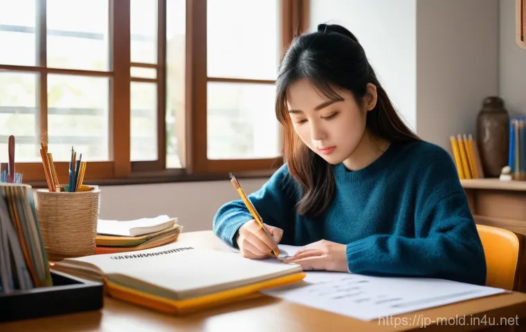 금형설계기능사 필기 시험 준비법 - **Prompt:** A focused and diligent young Japanese woman in her late 20s, wearing smart casual attire...