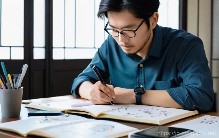 금형설계기능사 필기 시험 준비법 - **Prompt:** A focused and diligent young Japanese woman in her late 20s, wearing smart casual attire...