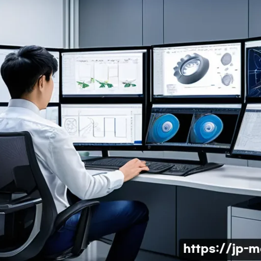 금형설계 실무자의 경력 개발 로드맵 - A modern engineering office scene showing a Japanese mold design engineer working intensely at a dua...