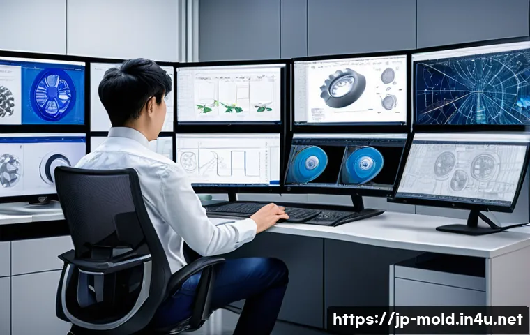 금형설계 실무자의 경력 개발 로드맵 - A modern engineering office scene showing a Japanese mold design engineer working intensely at a dua...