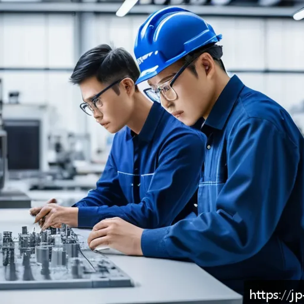 금형설계기능사 자격증 취득의 장단점 - A modern Japanese manufacturing workshop scene focused on a skilled mold design engineer at work, we...