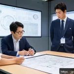 금형 설계 과정에서 발생하는 문제 해결 사례 - A highly detailed industrial workshop scene showing a Japanese mold design team collaborating during...