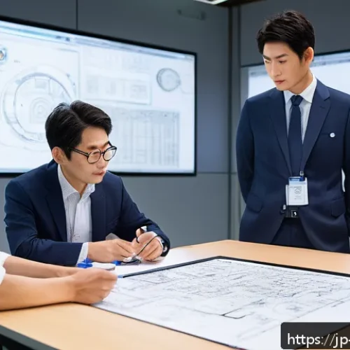 금형 설계 과정에서 발생하는 문제 해결 사례 - A highly detailed industrial workshop scene showing a Japanese mold design team collaborating during...