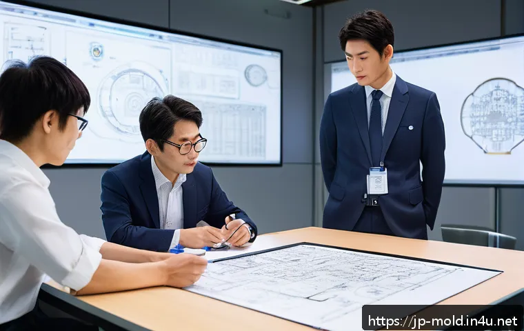 금형 설계 과정에서 발생하는 문제 해결 사례 - A highly detailed industrial workshop scene showing a Japanese mold design team collaborating during...