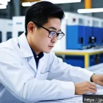 금형설계 자격증을 활용한 해외 취업 사례 - A professional Japanese mold design engineer working in a modern overseas factory environment, weari...