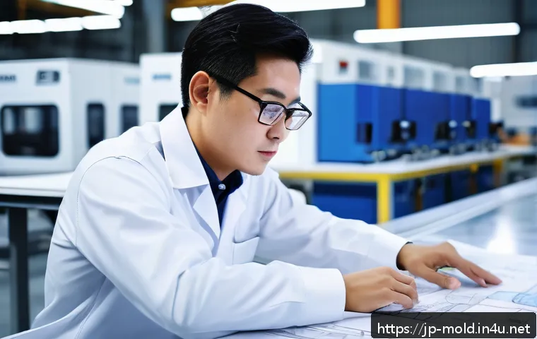 금형설계 자격증을 활용한 해외 취업 사례 - A professional Japanese mold design engineer working in a modern overseas factory environment, weari...