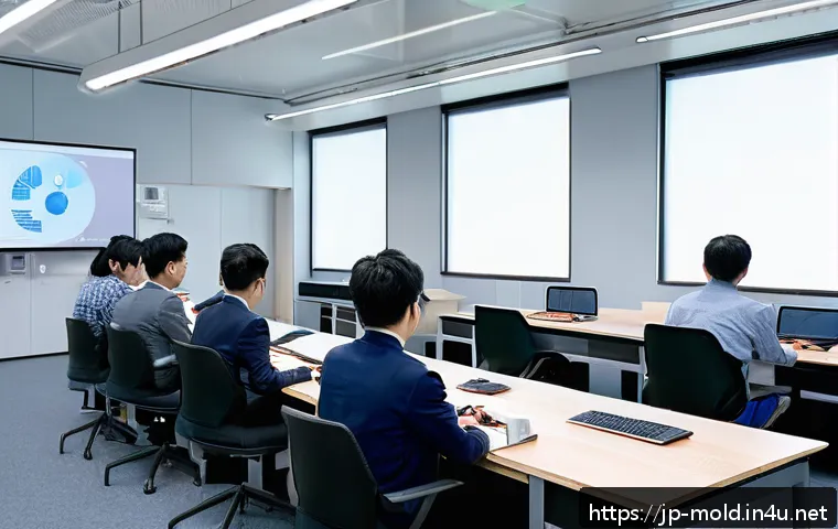 금형설계기능사와 관련된 정부 지원 프로그램 - A modern Japanese manufacturing training classroom scene with young and middle-aged professionals at...