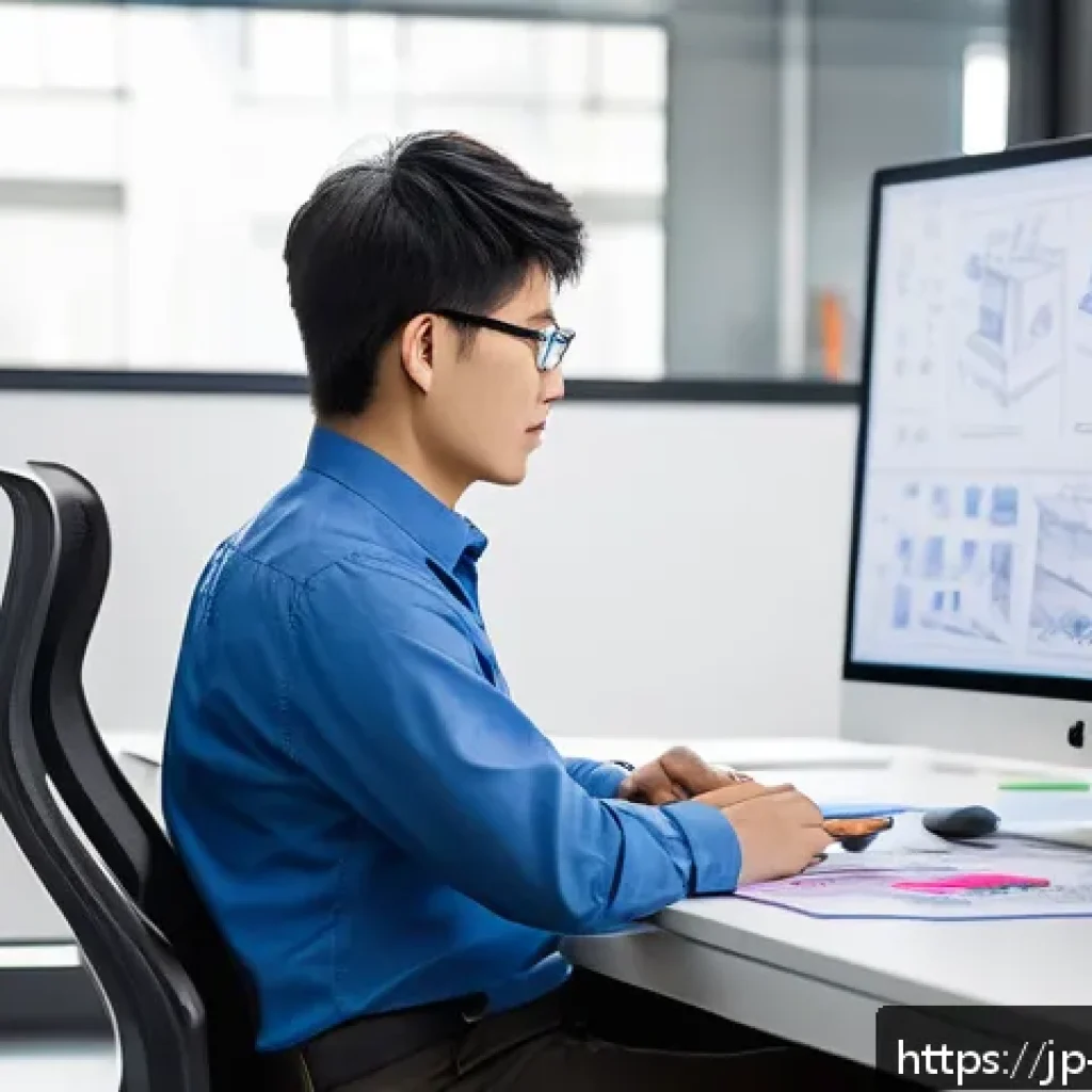 금형설계 면접 질문과 답변 준비 - A professional Japanese mold design engineer in a modern office setting, sitting at a desk with dual...