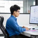 금형설계 면접 질문과 답변 준비 - A professional Japanese mold design engineer in a modern office setting, sitting at a desk with dual...