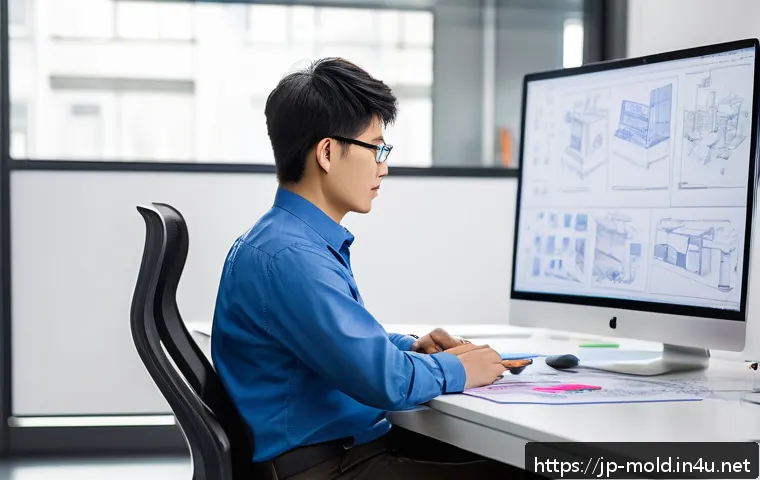금형설계 면접 질문과 답변 준비 - A professional Japanese mold design engineer in a modern office setting, sitting at a desk with dual...