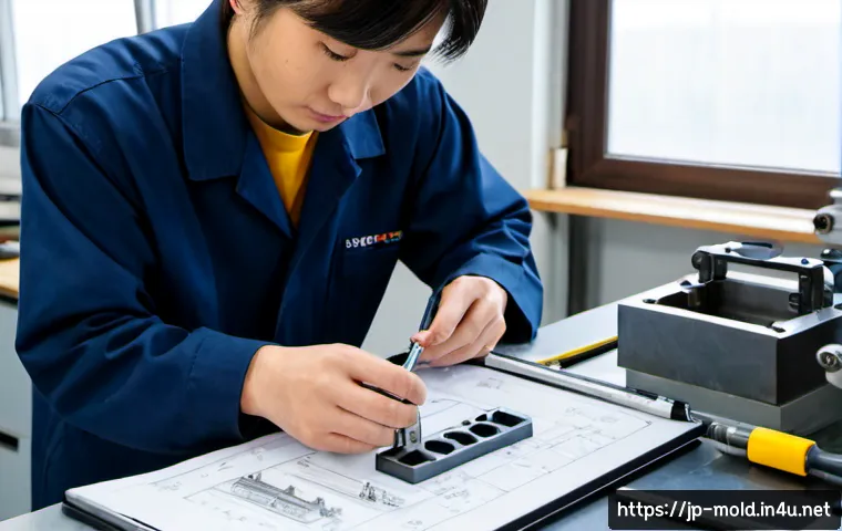 금형설계기능사와 금형 설계 소프트웨어 비교 - Photorealistic Japanese manufacturing vocational trainee at a clean workshop desk, carefully examini...