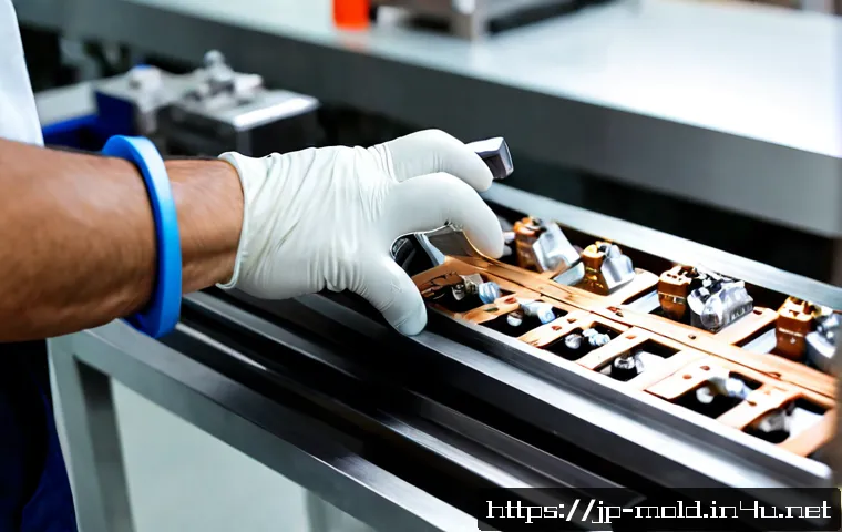 금형설계에서 재료 선택의 중요성 - Photorealistic industrial mold design workspace, a Japanese manufacturing engineer in clean safety g...
