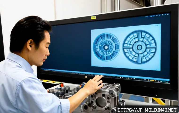 금형설계와 제조업에서의 AI 활용 - Photorealistic modern Japanese precision manufacturing studio, an experienced mold designer reviewin...